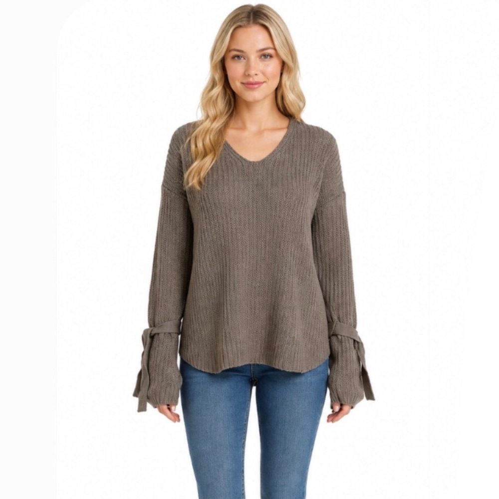 Stitch Fix Rev Sweater Ribbed Knit Split Tie Sleeve V Neck Green Size XL